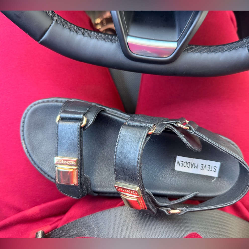 Steve Madden Black Leather Double-Strap Sandals with Gold Accents